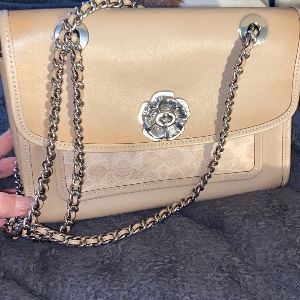 Coach Parker Tea Rose Turnlock Shoulder Bag Tan Leather Silver Chain